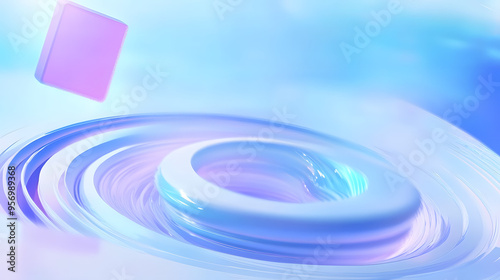 Obraz na płótnie Bright Blue Background with Abstract Waves and Floating Pink Cube w salonie