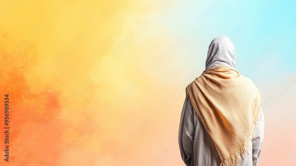 A serene figure in a traditional garment, gazing at a colorful abstract background, symbolizing peace and reflection. A serene figure in a traditional garment, gazing at a colorful abstract background, symbolizing peace and reflection.