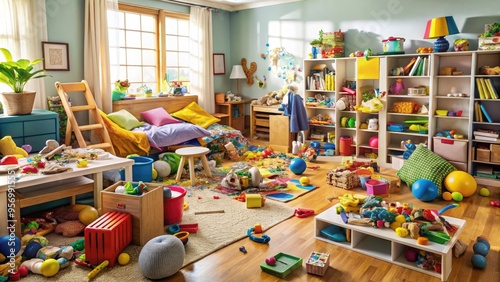 Cluttered room with scattered toys, books, and clothes surrounded by tipped-over furniture, with colorful chaos overflowing from every corner and crevice.