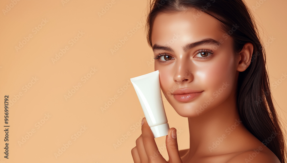 Skin care and beauty concept, portrait of girl holding skin care products Skin care and beauty concept, portrait of girl holding skin care products