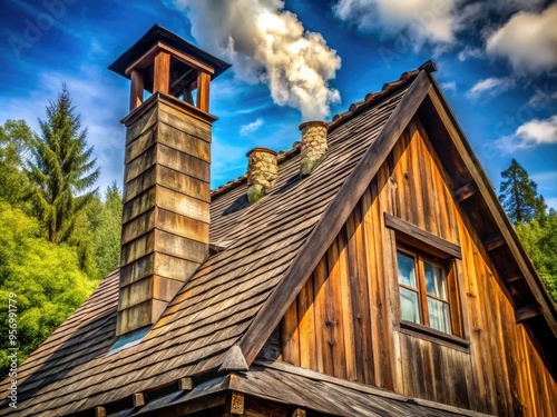 sooty chimney exterior with rustic wooden beams and smokestack details photo