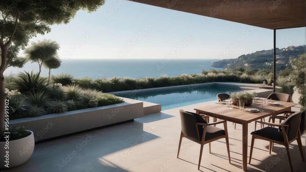Fototapeta premium Modern terrace in light shades, summer