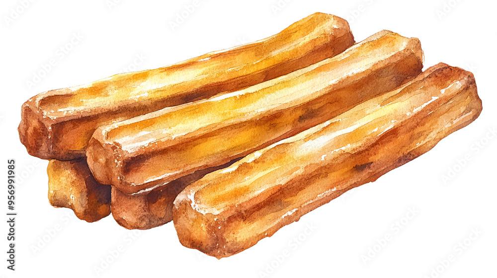 Four golden brown churros stacked together, a classic Spanish treat. Four golden brown churros stacked together, a classic Spanish treat.