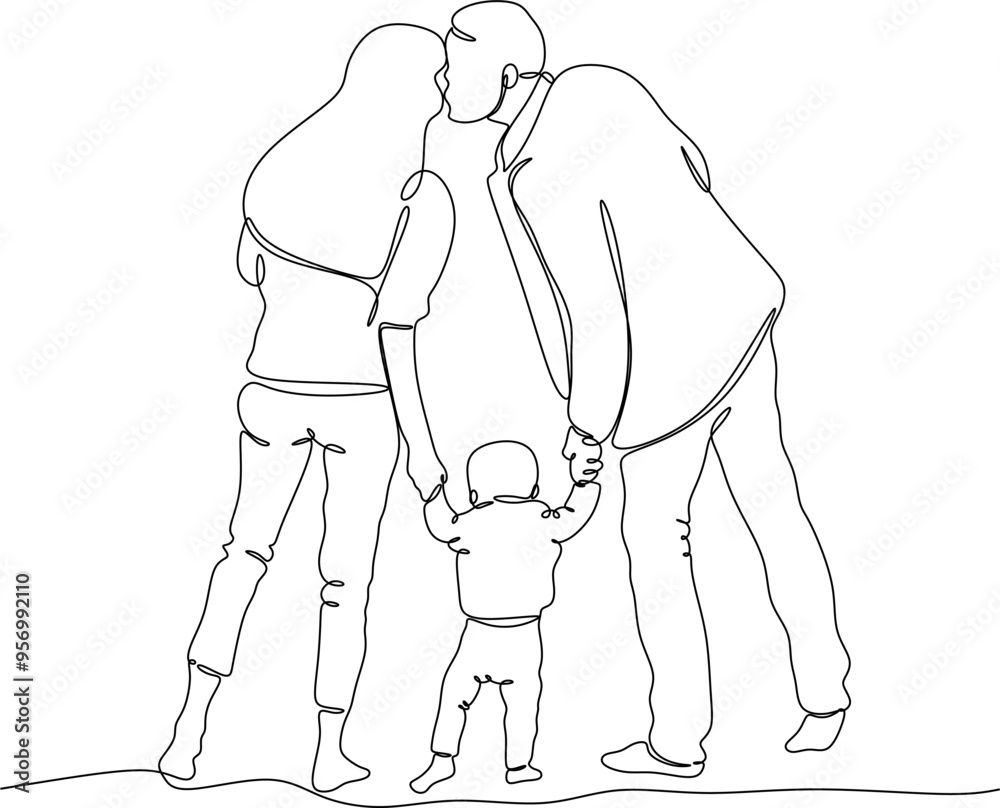 Linear drawing of a happy young family, father, mother and child walking holding hands. Linear drawing of a happy young family, father, mother and child walking holding hands.
