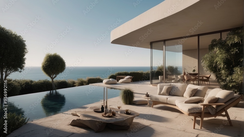 Fototapeta premium Modern terrace in light shades, summer