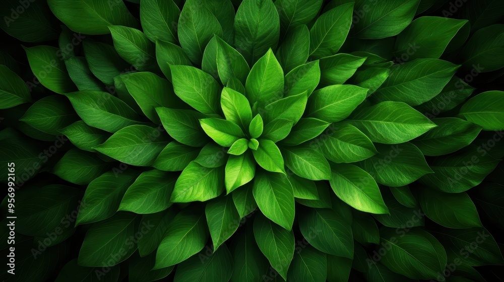 Fototapeta premium A vibrant close-up of lush green leaves arranged in a circular pattern, symbolizing nature's harmony and tranquility.