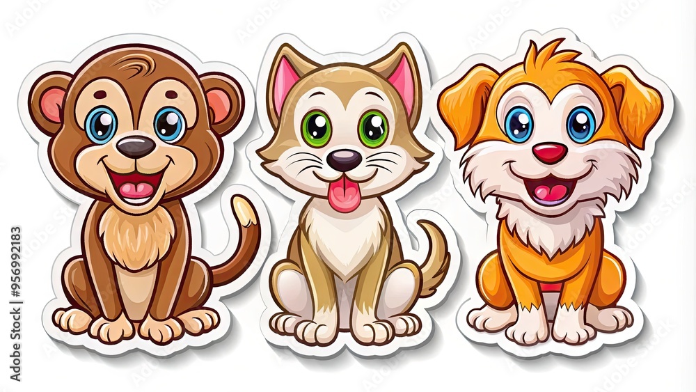 Obraz premium Colorful cartoon style sticker icons of various happy animals, including a smiling cat, playful dog, and curious monkey, isolated on a white background.