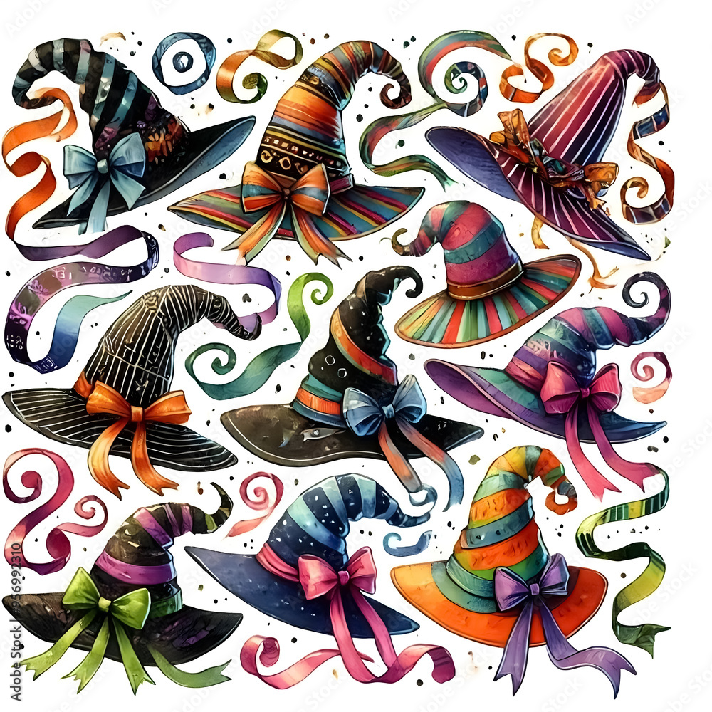 Fototapeta premium Witch hats with colorful ribbons.