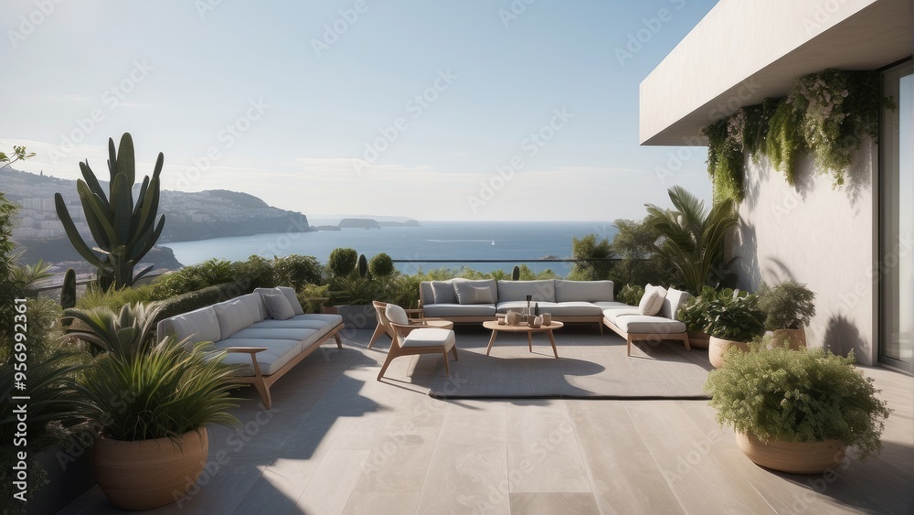 Fototapeta premium Modern terrace in light shades, summer