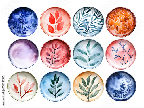 Twelve colorful plates with different leaf patterns, perfect for a modern kitchen or dining room.