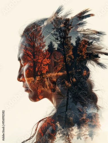 white background, double exposure of a native american shaman, head profile, filled with the plains and sky of arizona, with generative ai
