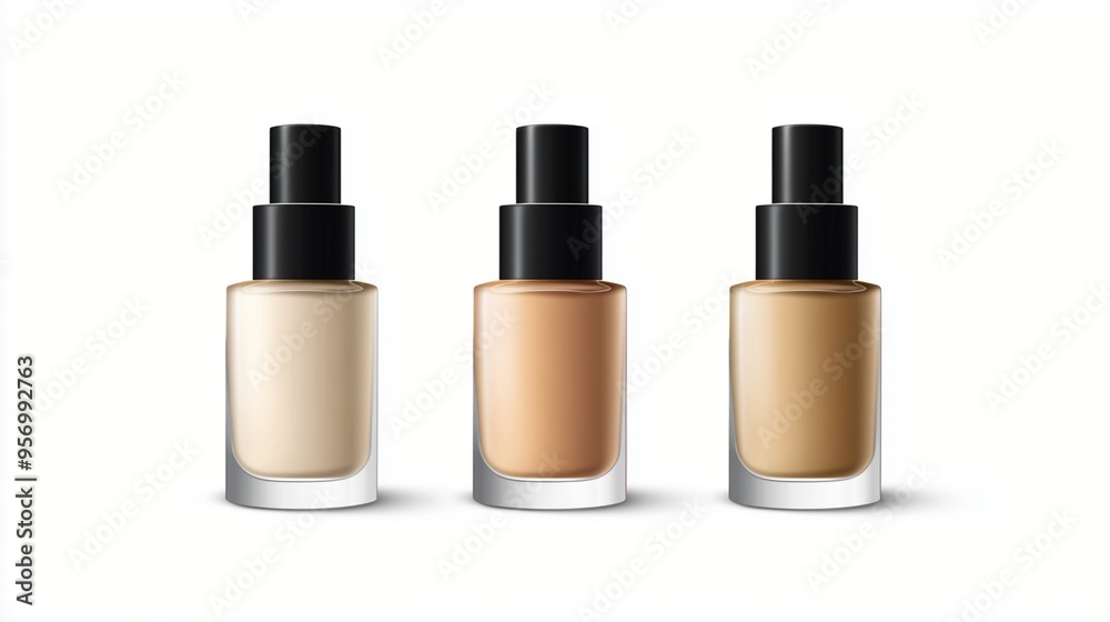 Elegant glass bottles of liquid foundation in various skin tones, showcasing a range of shades from light to medium, perfect for achieving a flawless complexion. Elegant glass bottles of liquid foundation in various skin tones, showcasing a range of shades from light to medium, perfect for achieving a flawless complexion.
