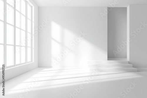 White studio background blurred with shadows of a window behind the product. Empty room with shadows on the window. Product display background.
