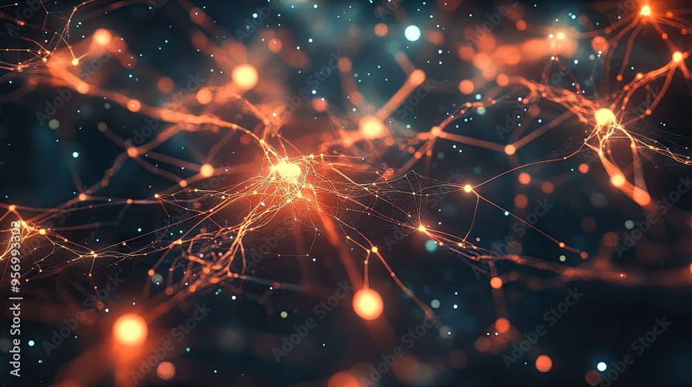 Obraz premium A futuristic digital background featuring a neural network with interconnected nodes and glowing lines, perfect for AI and tech processes.