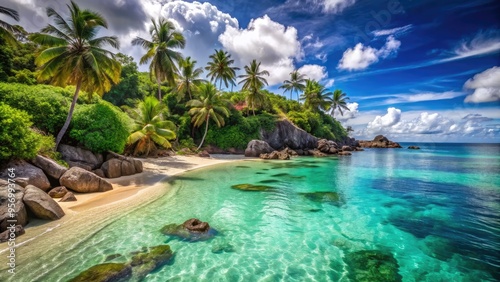 Sparkling crystal clear turquoise ocean water laps gently at the sandy beach shore with rocky formations and lush green palm trees in the background.