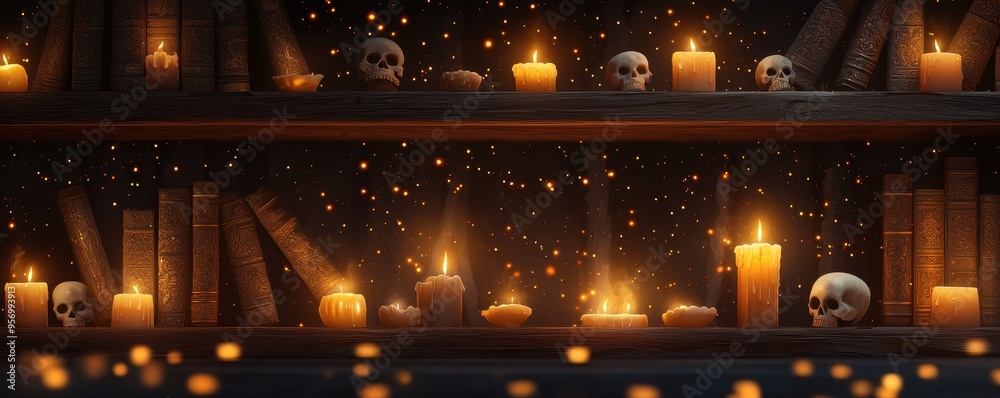 Mysterious shelf with candles and skulls, creating an eerie atmosphere perfect for Halloween or gothic themes. Mysterious shelf with candles and skulls, creating an eerie atmosphere perfect for Halloween or gothic themes.