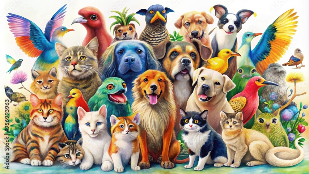 Colorful, stylized illustrations of various animals, including cats, dogs, birds, and monkeys, gathered together in a whimsical, modern composition on a white background. Colorful, stylized illustrations of various animals, including cats, dogs, birds, and monkeys, gathered together in a whimsical, modern composition on a white background.