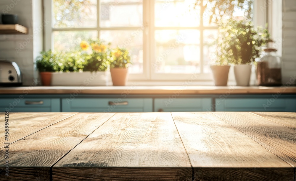 Display of products on a wooden kitchen table with a background of a window Display of products on a wooden kitchen table with a background of a window