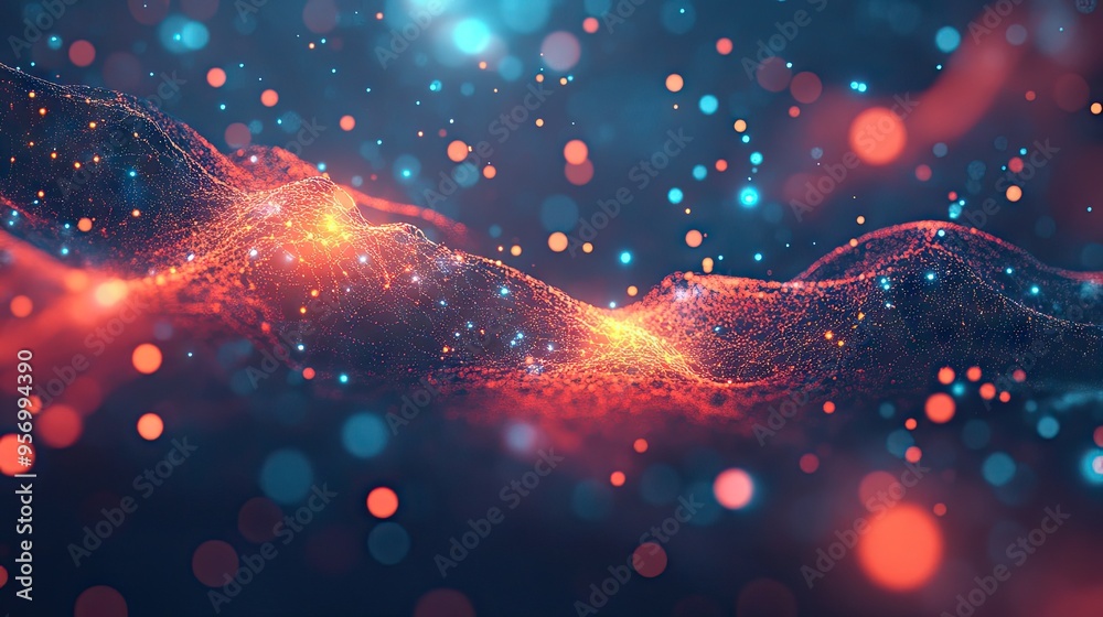 A glowing digital matrix with moving particles, ideal for illustrating the complexity of neural networks. A glowing digital matrix with moving particles, ideal for illustrating the complexity of neural networks.
