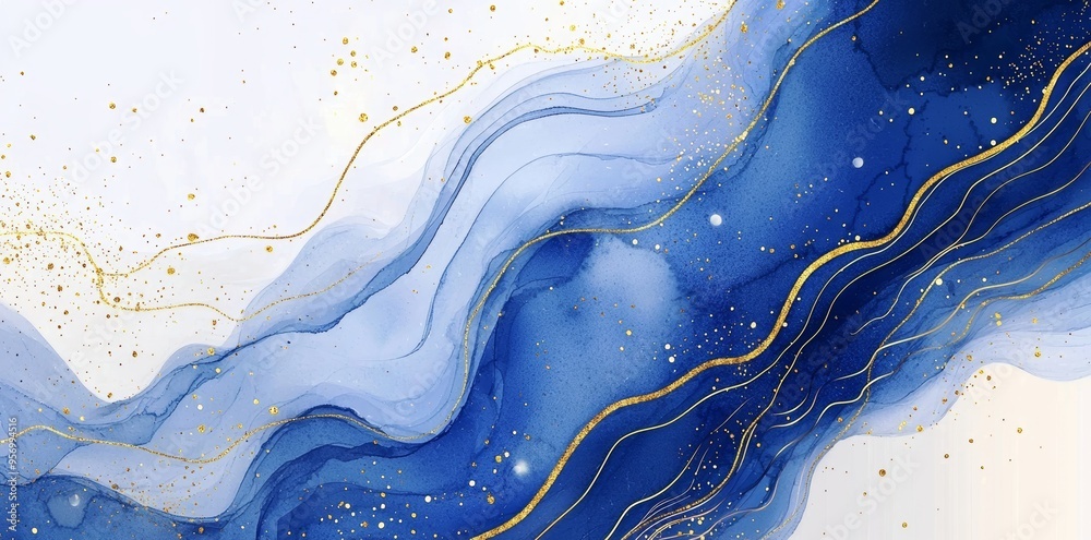Watercolor background drawn by hand using a brush. Blue paint spilled on paper. Golden veins and cracked marble texture. Elegant luxury wallpaper for design, print, and invitations. Watercolor background drawn by hand using a brush. Blue paint spilled on paper. Golden veins and cracked marble texture. Elegant luxury wallpaper for design, print, and invitations.