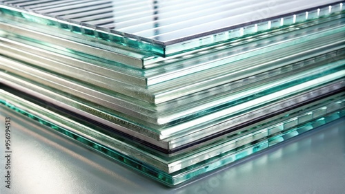 Sparkling transparent glass sheets stacked horizontally on a sleek white background, refracting light and showcasing intricate textures and subtle imperfections. photo