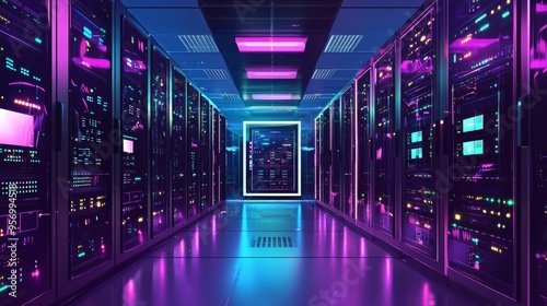 Data Center with rack servers and supercomputers, Modern Telecommunications, Stock, Supercomputer Technology Concept.3D rendering, conceptual image.