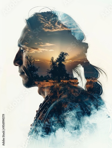 white background, double exposure of a native american shaman, head profile, filled with the plains and sky of arizona, with generative ai photo