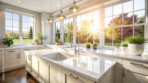 Sparkling white kitchen countertops, sinks, and faucet glisten in the morning sunlight, showcasing a spotless and hygienic environment free from dirt, grime, and clutter.