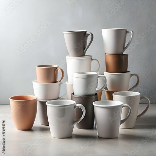 A collection of ceramic mugs in various colors and sizes. stacked and arranged on a table.