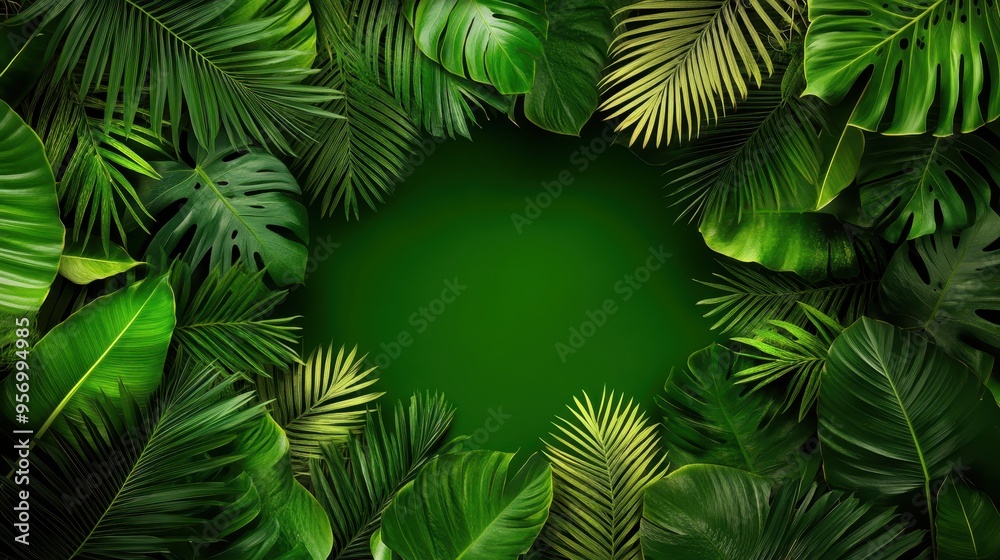 Vibrant tropical leaves create a lush frame, perfect for backgrounds or nature-themed designs. Fresh greenery for all projects. Vibrant tropical leaves create a lush frame, perfect for backgrounds or nature-themed designs. Fresh greenery for all projects.