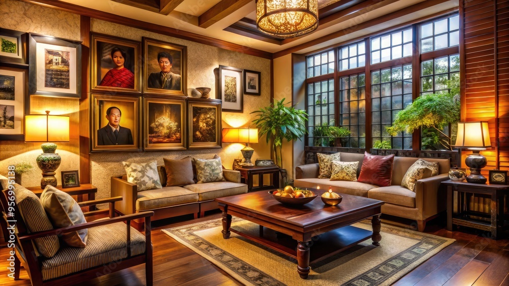 Cozy living room with traditional Asian decor, warm lighting, and family photos, conveying a sense of comfort, love, and cultural heritage. Cozy living room with traditional Asian decor, warm lighting, and family photos, conveying a sense of comfort, love, and cultural heritage.