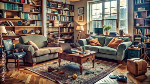 Cozy living room with worn armchair, cluttered coffee table, and messy bookshelves, surrounded by open laptops, scattered papers, and blaring speakers, emitting chaotic atmosphere.