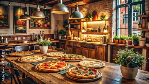 Cozy pizzeria interior with rustic wooden tables, vintage Italian posters, and a mouthwatering display of freshly baked pizzas behind a lively open kitchen counter.