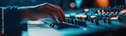 A close-up of a hand manipulating a synthesizer keyboard in a vibrant studio setting, showcasing creativity and musical passion. photo