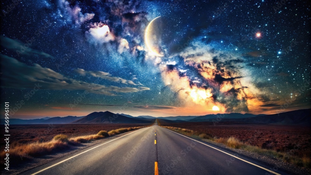 Fototapeta premium Dark asphalt road stretches into the distance, flanked by eerie darkness, under a celestial canvas of twinkling stars and a radiant, crescent moon.