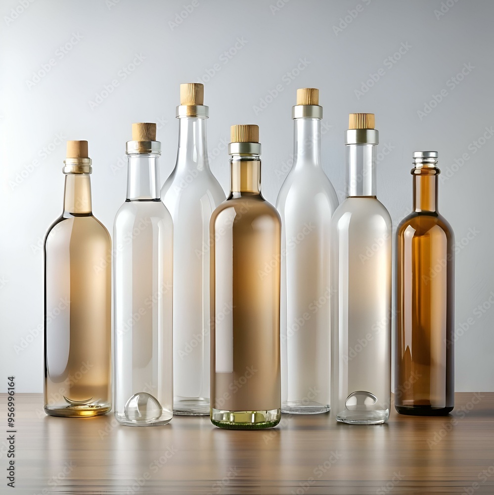 A row of seven glass bottles with cork tops. perfect for showcasing your brand of wine. liquor. or oil. A row of seven glass bottles with cork tops. perfect for showcasing your brand of wine. liquor. or oil.