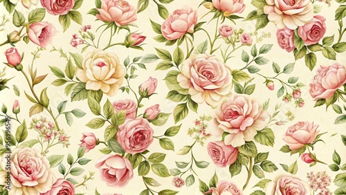 Wallpaper Mural Delicate, antique-inspired floral pattern featuring soft pink roses on a creamy white background, ideal for adding a touch of vintage elegance to any design. Torontodigital.ca
