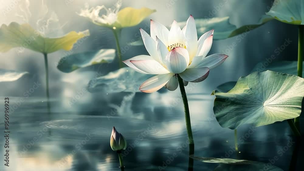 Serene lotus flowers bloom in tranquil pond surrounded by mist at dawn