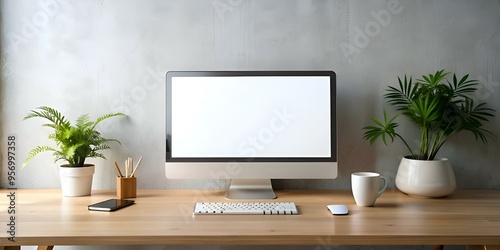 Clean. modern desktop mockup with blank computer screen. keyboard. mouse. and phone.