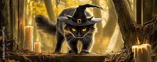 A black cat wearing a witch hat stands, staring ahead with glowing yellow eyes in a spooky forest setting, surrounded by lit candles.