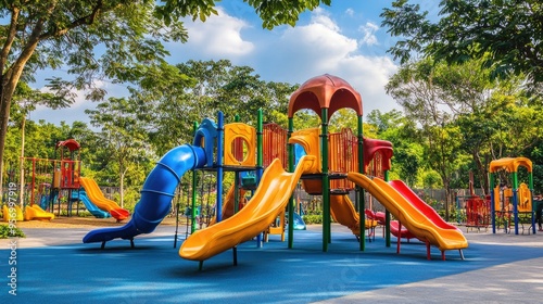 Wallpaper Mural A playground filled with colorful slides, swings, and climbing structures in a well-maintained park. Torontodigital.ca