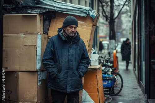 In a stark urban setting, individuals face the elements, surrounded by makeshift shelters of cardboard in a cold, empty landscape. Generative AI