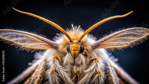 Delicate, feathery antennae of a macromoth protrude from its furry head, showcasing intricate architecture and soft, velvety texture in exquisite, up-close, high-contrast detail. photo