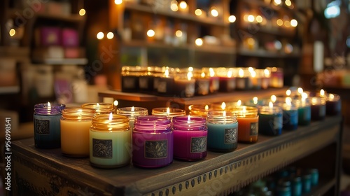 Colorful scented candles arranged on a wooden table in a cozy shop illuminated by warm lighting