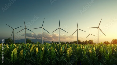 A serene landscape featuring wind turbines standing tall amidst green plants under a vibrant sunset, depicting renewable energy.