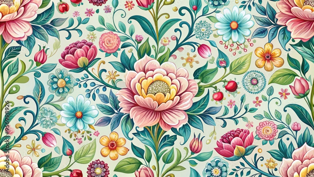 Delicate florals and intricate ornaments intertwine in a whimsical pattern, creating a vibrant and eclectic design element perfect for adding elegance to packaging, fabrics, or stationery. Delicate florals and intricate ornaments intertwine in a whimsical pattern, creating a vibrant and eclectic design element perfect for adding elegance to packaging, fabrics, or stationery.