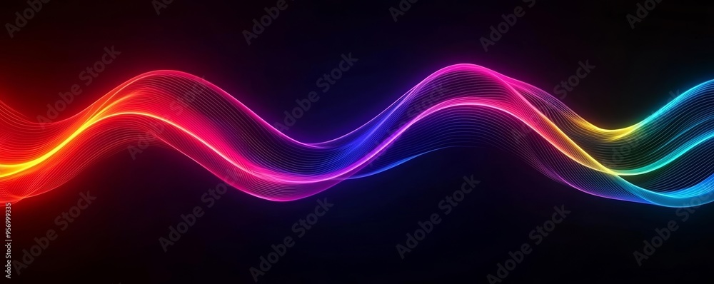 Fototapeta premium Abstract gradient of bright neon colors on a black background, dynamic light waves in motion