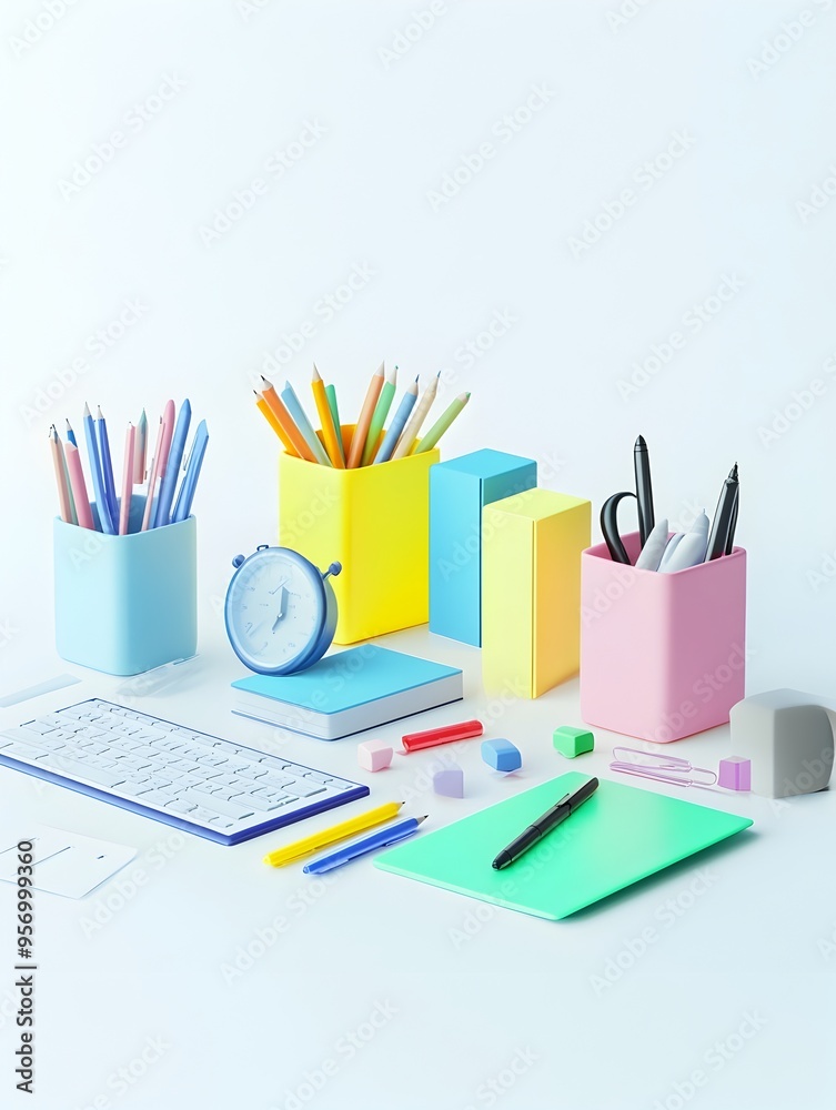 Closeup of Goal Setting Office Supplies and Motivational Accessories on White Background Closeup of Goal Setting Office Supplies and Motivational Accessories on White Background