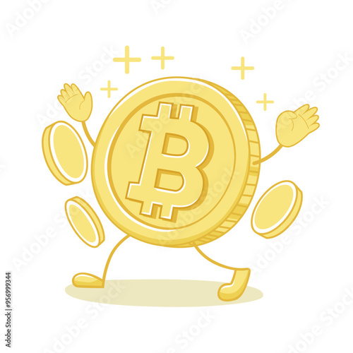 Happy Walking Coin Cartoon of Bitcoin Illustration