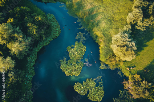 Restored river environment. Aerial perspective, showing a broad, vibrant river ecosystem teeming with wildlife and natural elements. photo